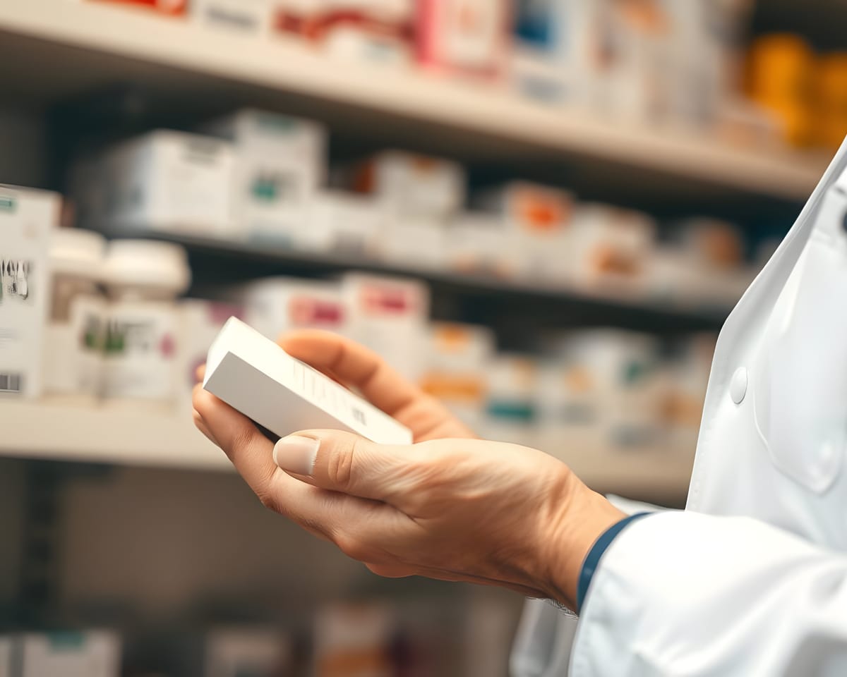 A pharmacist at Somerset Park Pharmacy reviewing a medication package in front of the pharmacy shelves